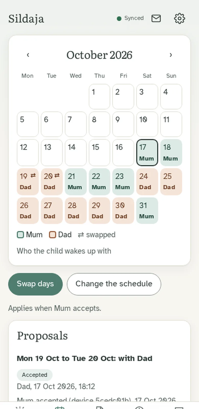 The calendar in Sildaja: two weeks with Mum and two with Dad, a swapped weekend and the proposals below.