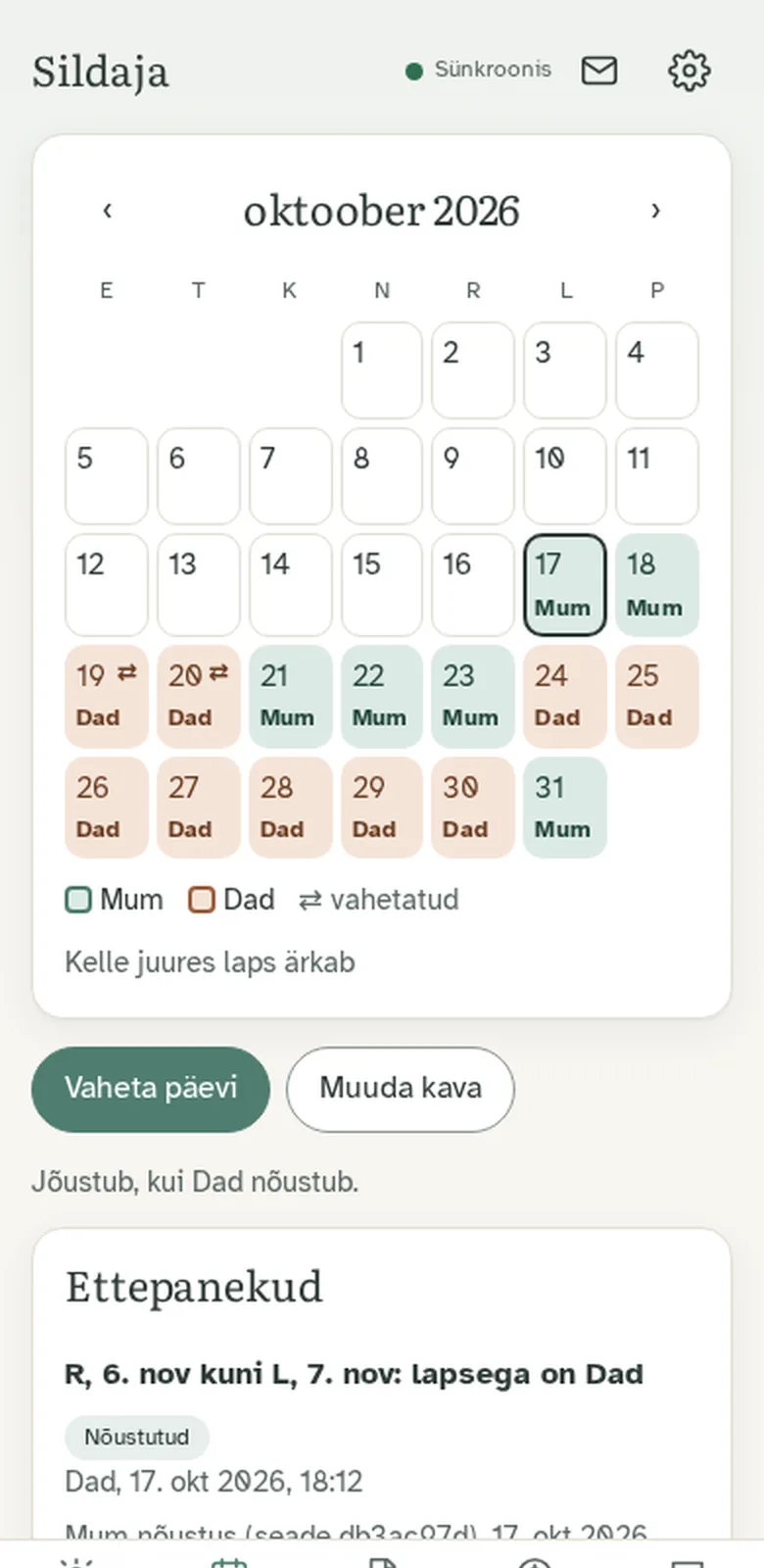 Sildaja kalender: kaks nädalat ema ja kaks isa juures, vahetatud nädalavahetus ja ettepanekud allpool.