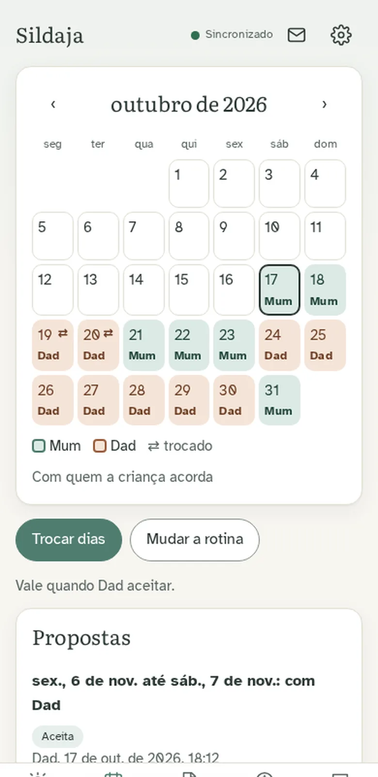 O calendário do Sildaja: duas semanas com a mãe e duas com o pai, um fim de semana trocado e as propostas abaixo.